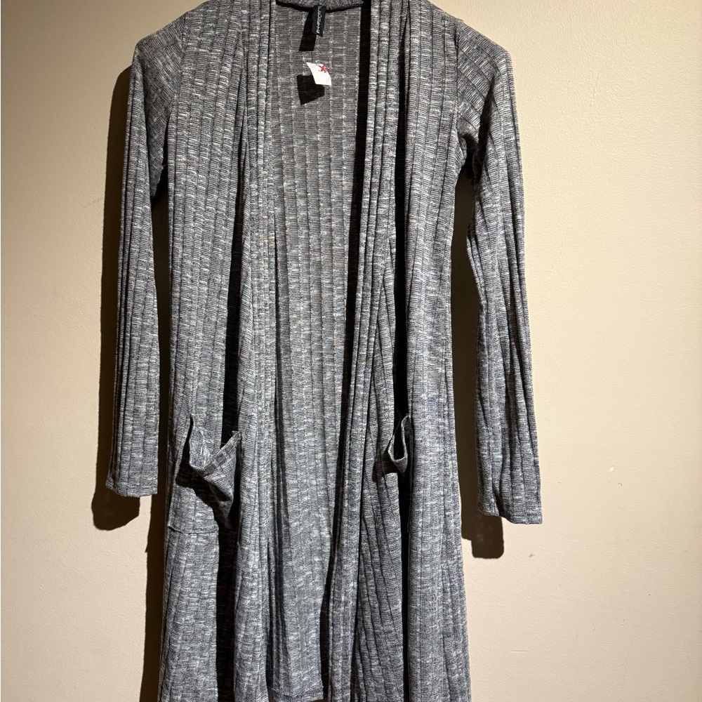 Gray Ribbed Open Front Cardigan - Picture 3 of 8